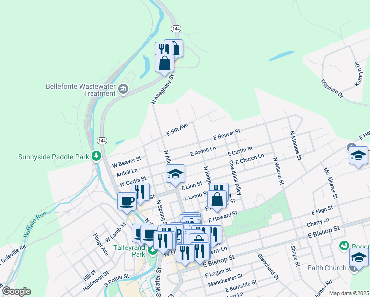 map of restaurants, bars, coffee shops, grocery stores, and more near 144 East Beaver Street in Bellefonte
