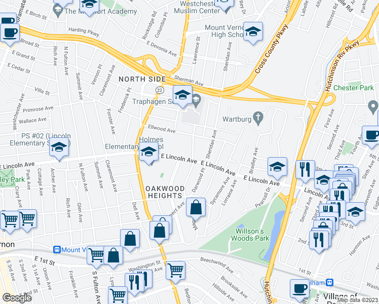 map of restaurants, bars, coffee shops, grocery stores, and more near 505 East Lincoln Avenue in Mount Vernon