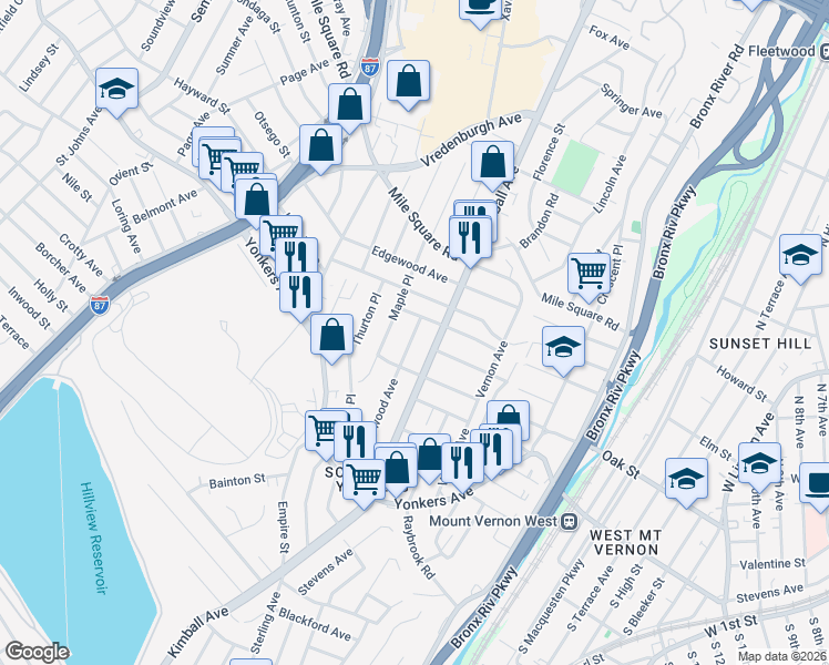 map of restaurants, bars, coffee shops, grocery stores, and more near 505 Kimball Avenue in Yonkers