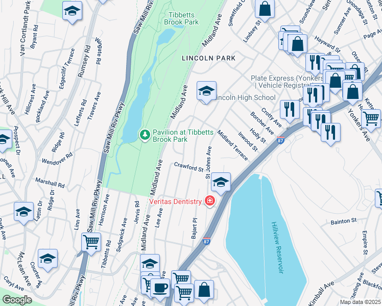 map of restaurants, bars, coffee shops, grocery stores, and more near 262 Kneeland Avenue in Yonkers