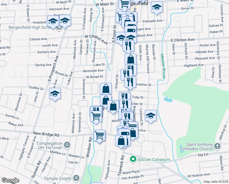 map of restaurants, bars, coffee shops, grocery stores, and more near 91 Woodbine St in Bergenfield
