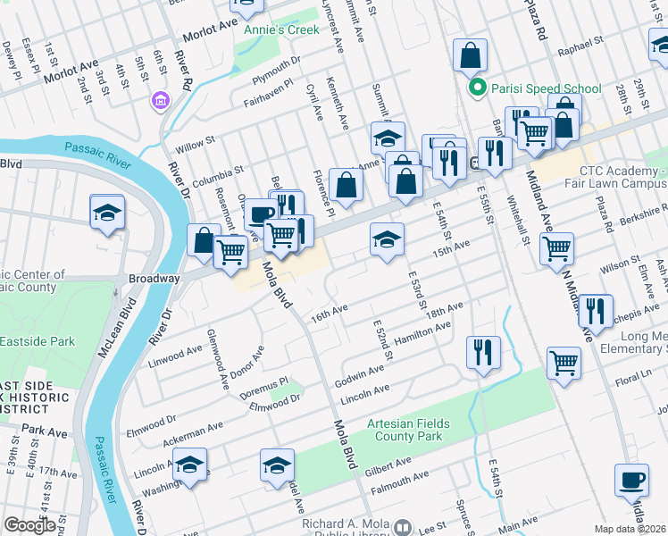 map of restaurants, bars, coffee shops, grocery stores, and more near 34a Iozia Terrace in Elmwood Park