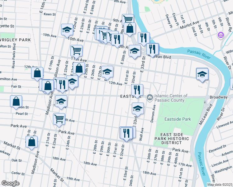 map of restaurants, bars, coffee shops, grocery stores, and more near 665 Broadway in Paterson