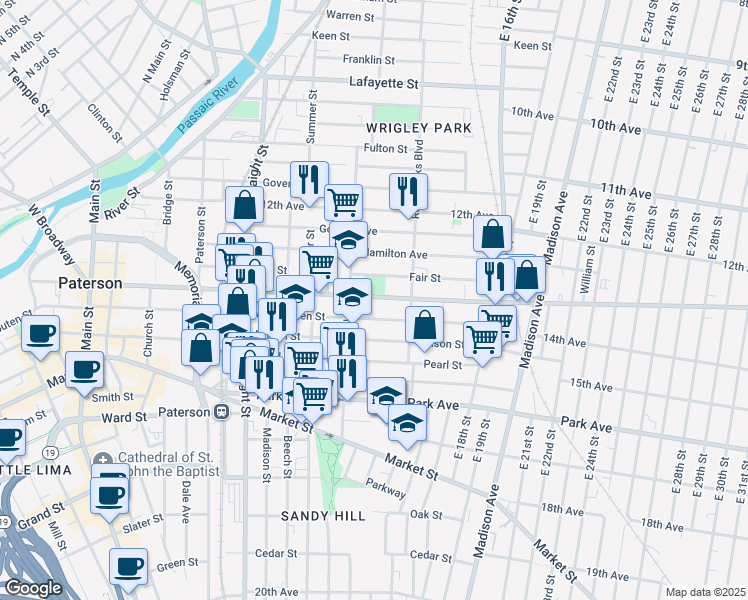 map of restaurants, bars, coffee shops, grocery stores, and more near 308 Broadway in Paterson