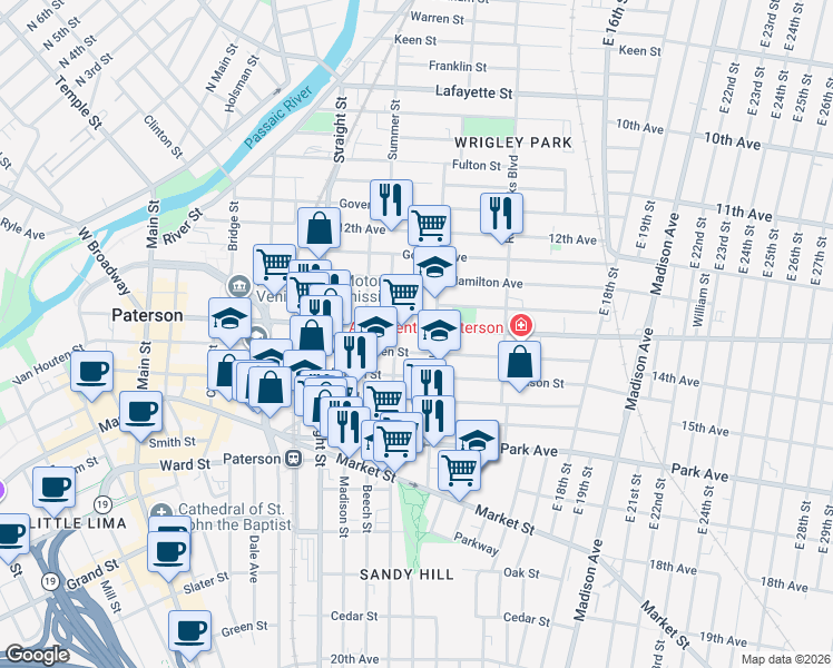 map of restaurants, bars, coffee shops, grocery stores, and more near 276 Doctor Martin Luther King Junior Way in Paterson