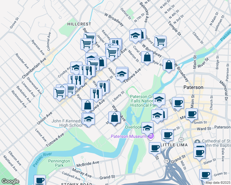 map of restaurants, bars, coffee shops, grocery stores, and more near 388 Totowa Avenue in Paterson