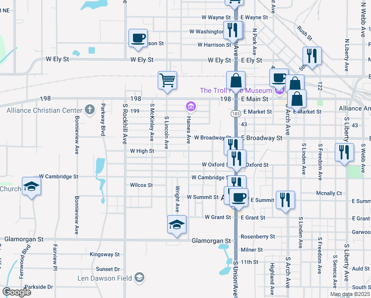 map of restaurants, bars, coffee shops, grocery stores, and more near 420 Haines Avenue in Alliance