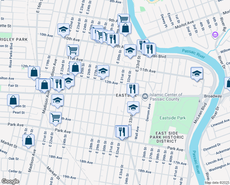 map of restaurants, bars, coffee shops, grocery stores, and more near 665 Broadway in Paterson