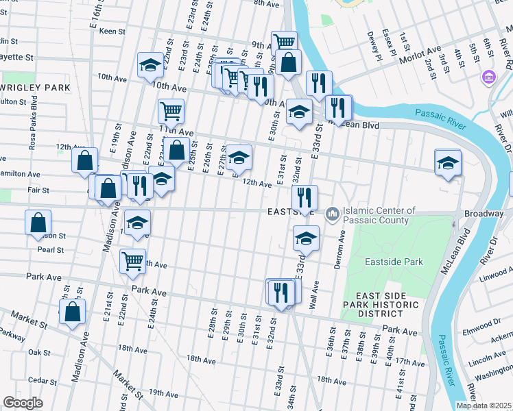 map of restaurants, bars, coffee shops, grocery stores, and more near 665 Broadway in Paterson