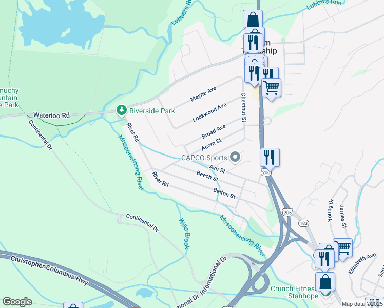 map of restaurants, bars, coffee shops, grocery stores, and more near 29 Acorn Street in Stanhope