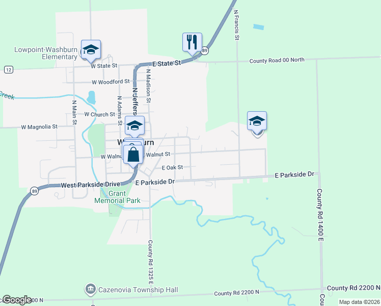 map of restaurants, bars, coffee shops, grocery stores, and more near East Walnut Street in Washburn