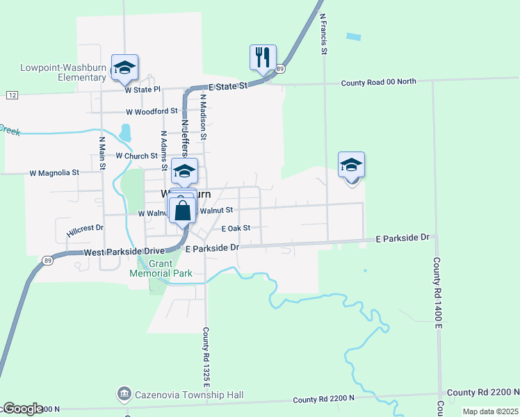 map of restaurants, bars, coffee shops, grocery stores, and more near 398 E Walnut St in Washburn