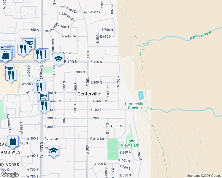 map of restaurants, bars, coffee shops, grocery stores, and more near 665 East 100 North in Centerville