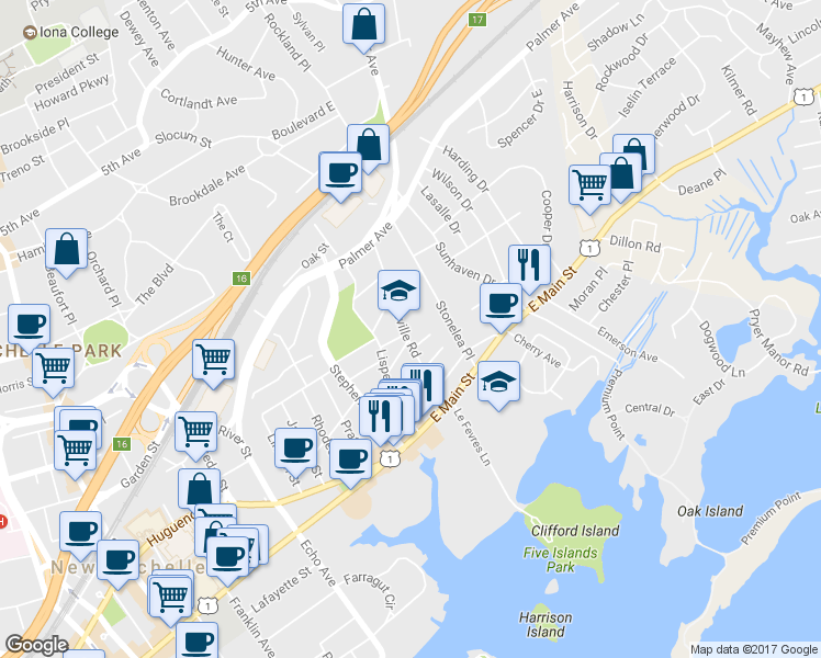 map of restaurants, bars, coffee shops, grocery stores, and more near 55 Petersville Road in New Rochelle