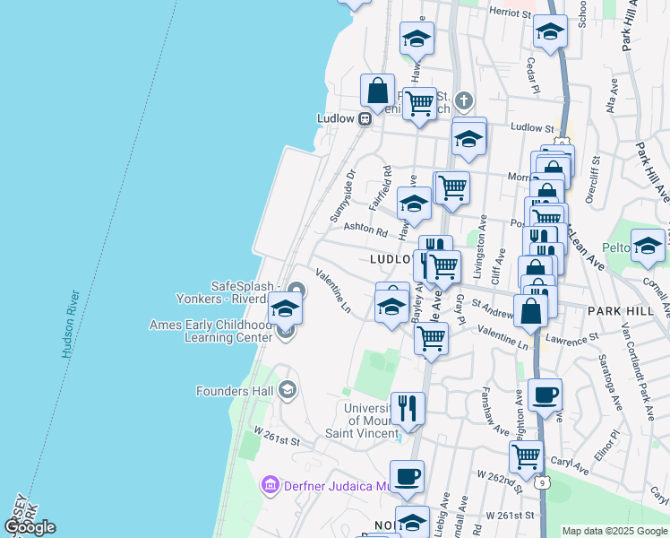 map of restaurants, bars, coffee shops, grocery stores, and more near 100 Belvedere Drive in Yonkers