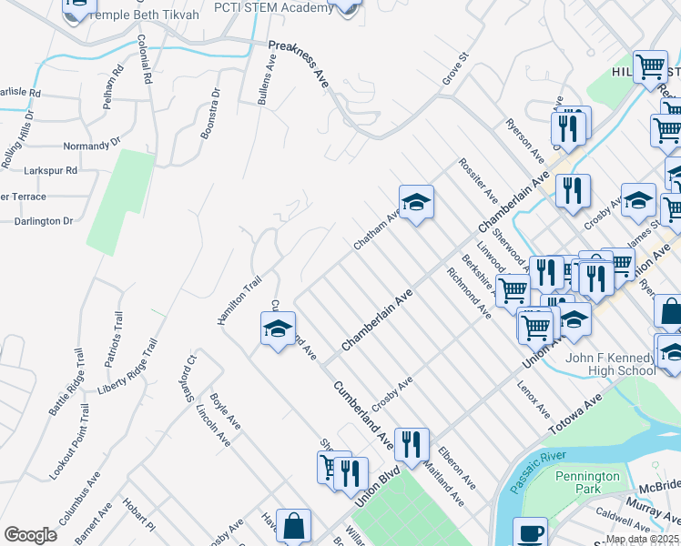 map of restaurants, bars, coffee shops, grocery stores, and more near 271 Burlington Avenue in Paterson