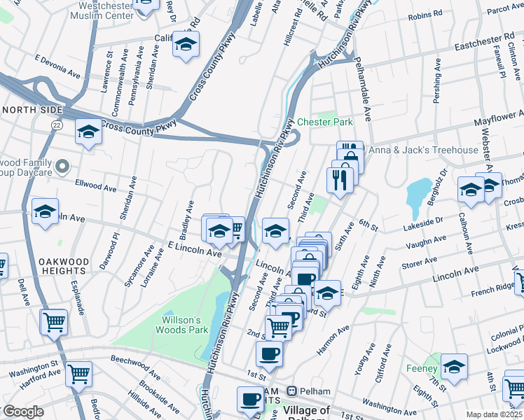 map of restaurants, bars, coffee shops, grocery stores, and more near 422 River Avenue in Village of Pelham