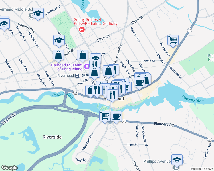 map of restaurants, bars, coffee shops, grocery stores, and more near 223 Roanoke Avenue in Riverhead