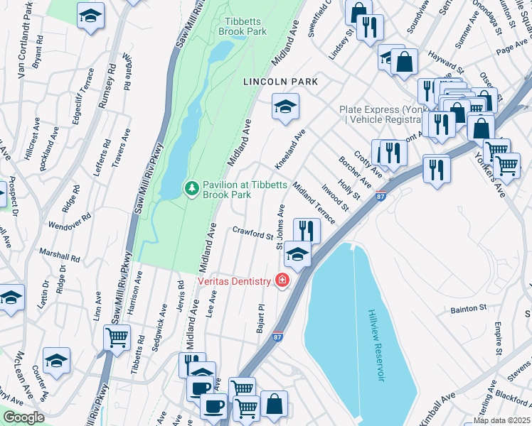 map of restaurants, bars, coffee shops, grocery stores, and more near 262 Kneeland Avenue in Yonkers