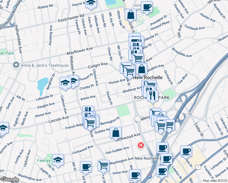 map of restaurants, bars, coffee shops, grocery stores, and more near 95 Winthrop Avenue in New Rochelle