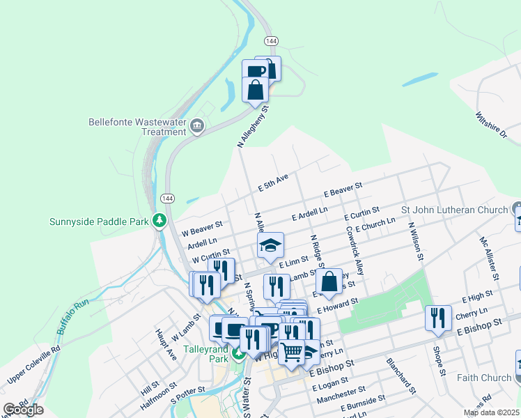 map of restaurants, bars, coffee shops, grocery stores, and more near 604 North Allegheny Street in Bellefonte
