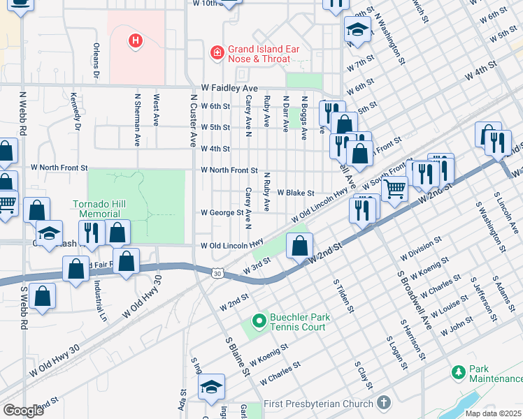 map of restaurants, bars, coffee shops, grocery stores, and more near 2204 West George Street in Grand Island