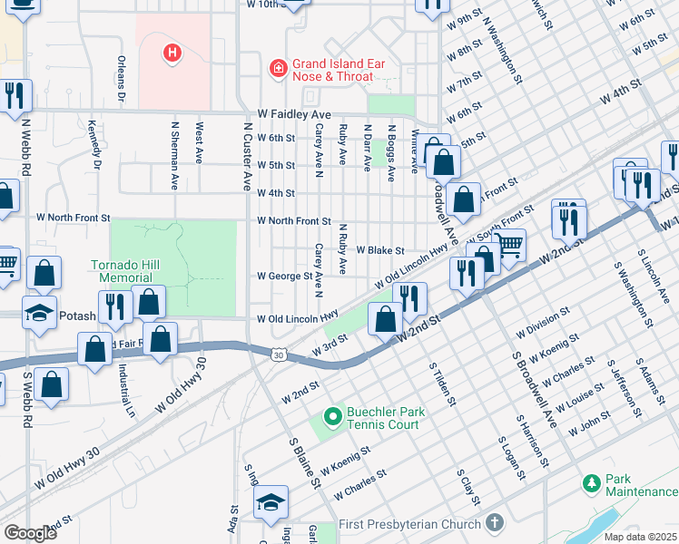 map of restaurants, bars, coffee shops, grocery stores, and more near 2204 West George Street in Grand Island