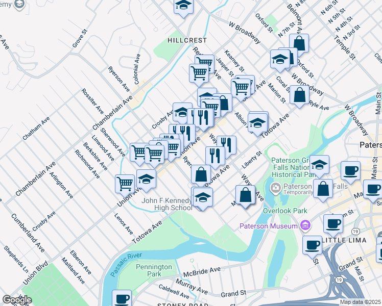 map of restaurants, bars, coffee shops, grocery stores, and more near 161 Paterson Avenue in Paterson