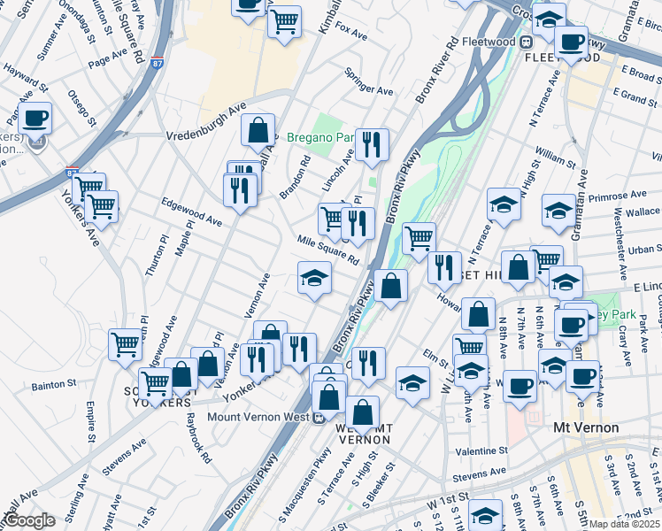 map of restaurants, bars, coffee shops, grocery stores, and more near 87 Crescent Place in Yonkers