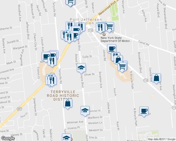 map of restaurants, bars, coffee shops, grocery stores, and more near 3 Swift Court in Port Jefferson Station