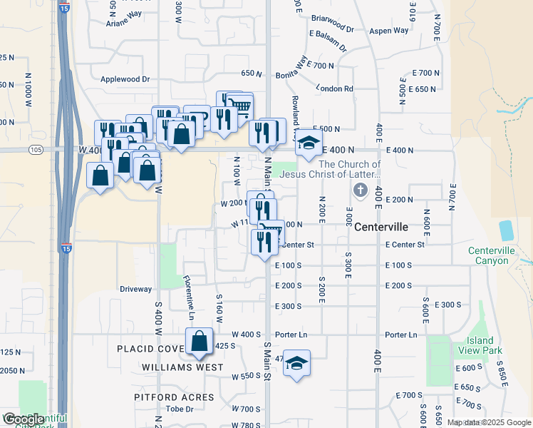 map of restaurants, bars, coffee shops, grocery stores, and more near 147 North Main Street in Centerville