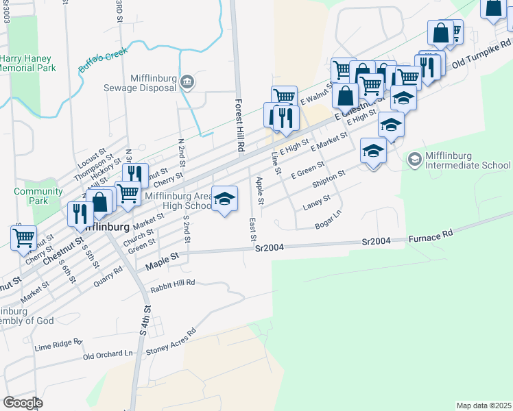 map of restaurants, bars, coffee shops, grocery stores, and more near 128 East Street in Mifflinburg