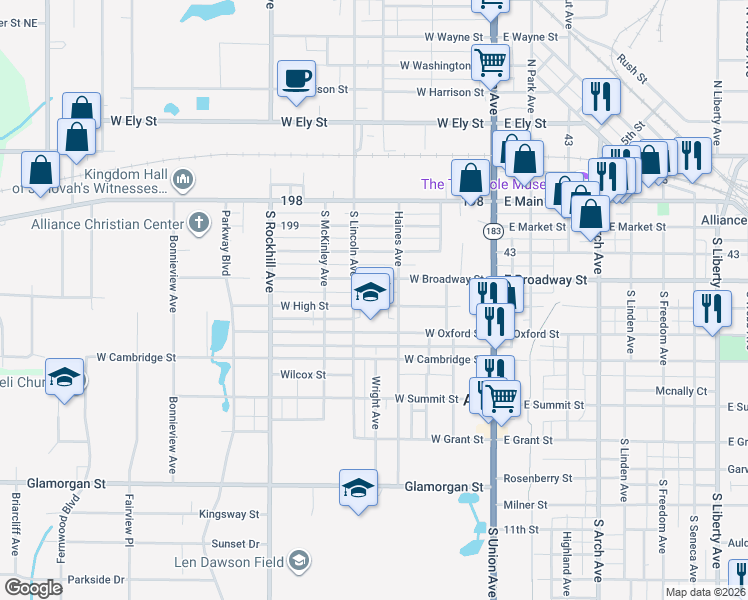 map of restaurants, bars, coffee shops, grocery stores, and more near 253 West High Street in Alliance
