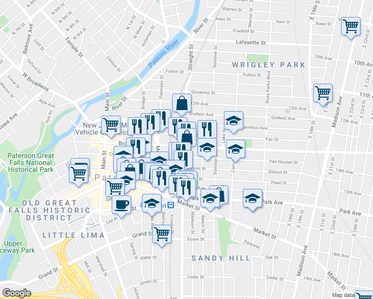 map of restaurants, bars, coffee shops, grocery stores, and more near 220 Broadway in Paterson