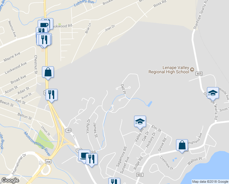 map of restaurants, bars, coffee shops, grocery stores, and more near 8149 Ashland Court in Stanhope