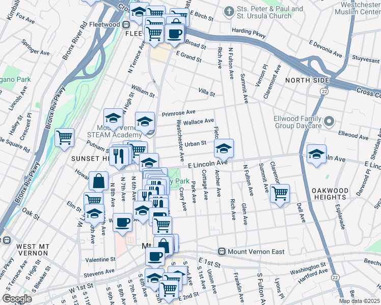 map of restaurants, bars, coffee shops, grocery stores, and more near 113 Chester Street in Mount Vernon