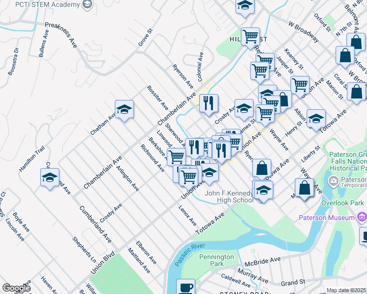 map of restaurants, bars, coffee shops, grocery stores, and more near 215 Crosby Avenue in Paterson