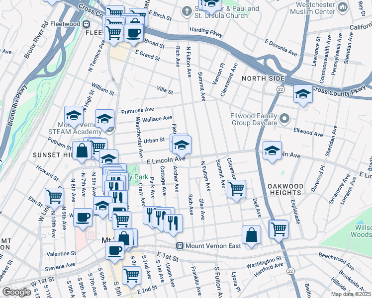 map of restaurants, bars, coffee shops, grocery stores, and more near 216 Rich Avenue in Mount Vernon