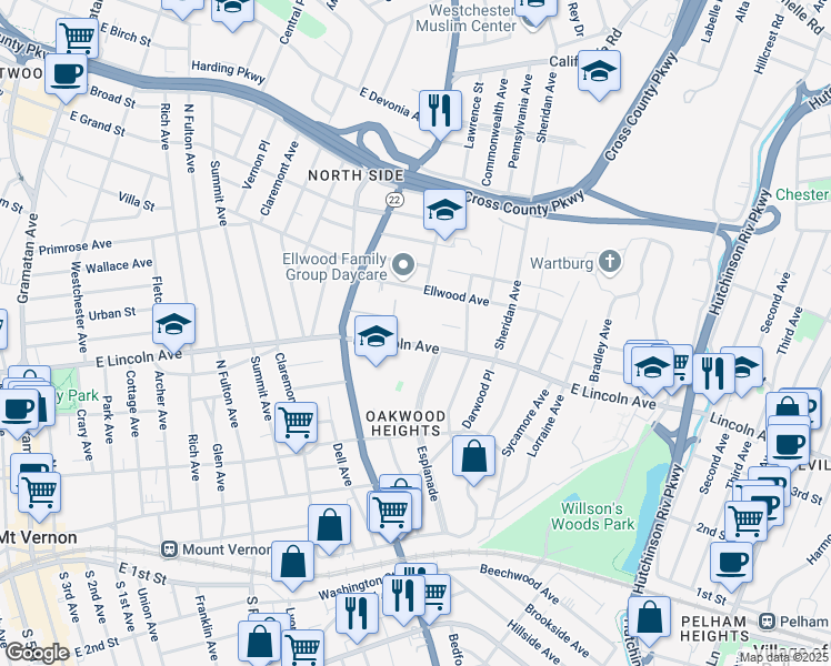 map of restaurants, bars, coffee shops, grocery stores, and more near 465 East Lincoln Avenue in Mount Vernon