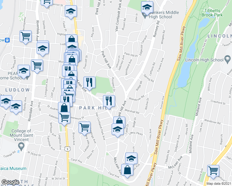 map of restaurants, bars, coffee shops, grocery stores, and more near 52 Prospect Drive in Yonkers