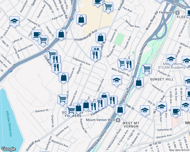 map of restaurants, bars, coffee shops, grocery stores, and more near 135 Villa Avenue in Yonkers