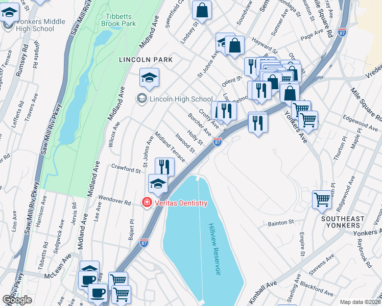 map of restaurants, bars, coffee shops, grocery stores, and more near 74 Inwood Street in Yonkers