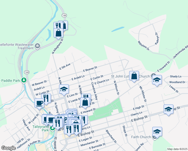 map of restaurants, bars, coffee shops, grocery stores, and more near 381 East Curtin Street in Bellefonte