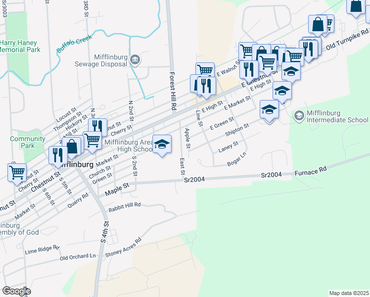 map of restaurants, bars, coffee shops, grocery stores, and more near 128 East Street in Mifflinburg