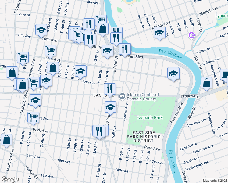 map of restaurants, bars, coffee shops, grocery stores, and more near 729 Doctor Martin Luther King Junior Way in Paterson
