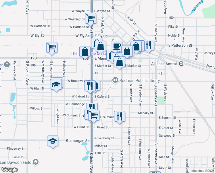 map of restaurants, bars, coffee shops, grocery stores, and more near 140 East High Street in Alliance