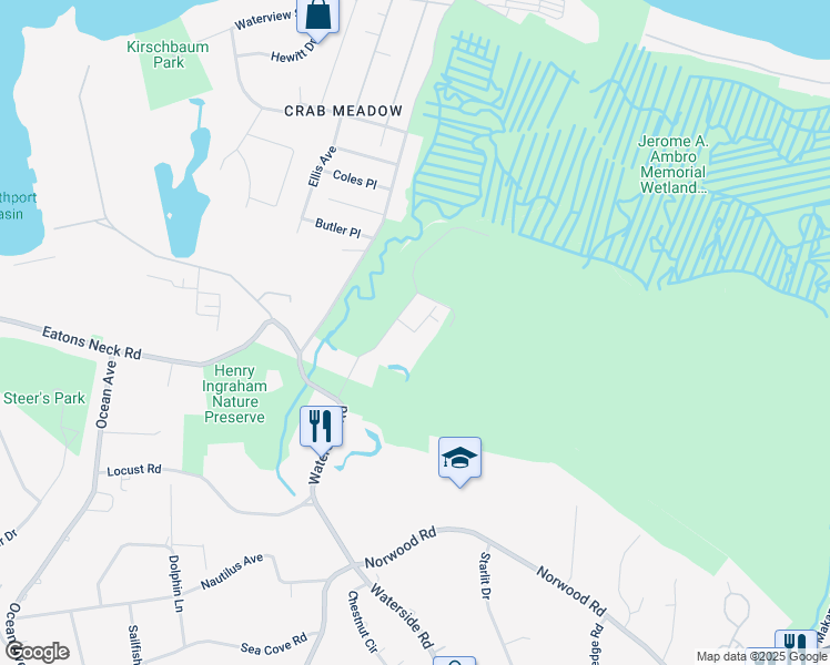 map of restaurants, bars, coffee shops, grocery stores, and more near Oceanside Court in Northport