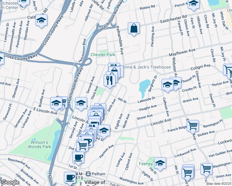 map of restaurants, bars, coffee shops, grocery stores, and more near 512 Sixth Avenue in Village of Pelham