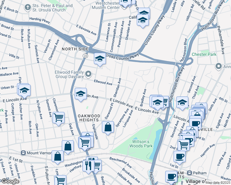 map of restaurants, bars, coffee shops, grocery stores, and more near 531 East Lincoln Avenue in Mount Vernon