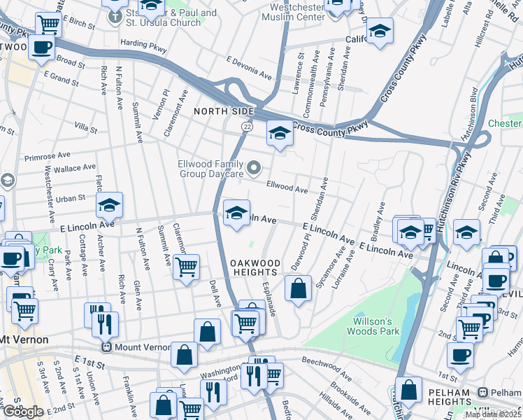 map of restaurants, bars, coffee shops, grocery stores, and more near 465 East Lincoln Avenue in Mount Vernon